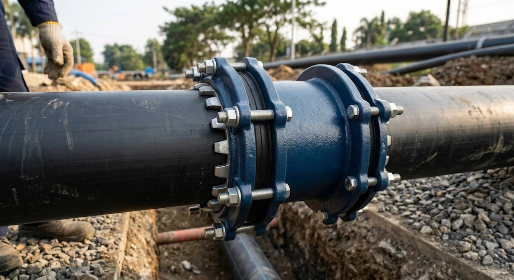 Restrained Coupling Adaptor Flanex Ductile Iron untuk Sambungan Pipa Anti-Geser PN10 PN16