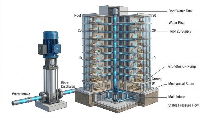 Instalasi Pompa Vertical Multistage Grundfos CR untuk Distribusi Tekanan Air Stabil Gedung Bertingkat