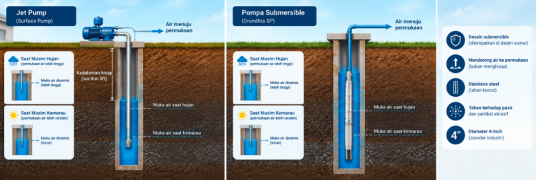 Pompa Submersible Grundfos SP Stainless Steel dengan Sand Channels